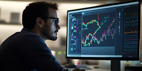 Data Scientist Analyzing Market Trends on Advanced Analytics Dashboard, Stock Market Data Visualization and Predictive Analysis in Action, Professional Monitoring Real-Time Financial or Biotech Charts