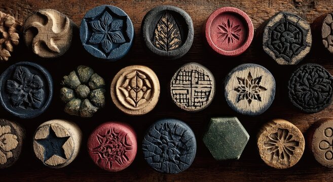 Hand-carved wooden stamps, various designs