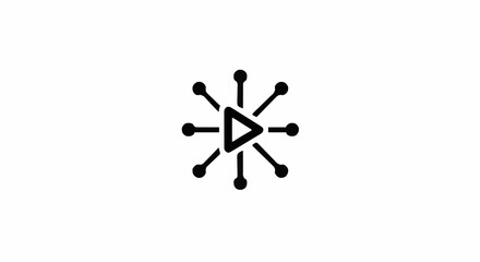 Minimalist vector icon, solid black play button at the center, four diagonal branches extending to circular endpoints, on a white background, symbol of media sharing and network connections