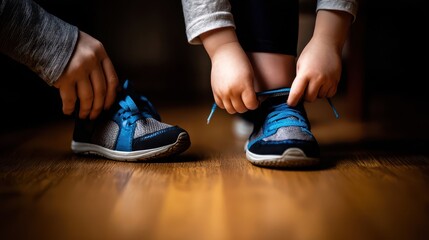 Child's hands tying shoelaces on a pair of shoes.