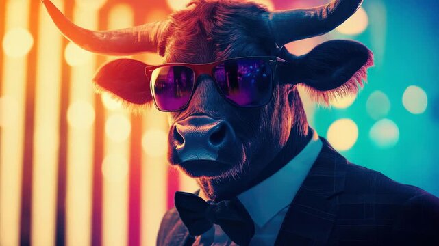 cool party bull with sunglasses on colorful disco background illustrated animation