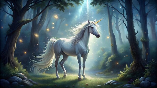 A serene white unicorn stands in a mystical forest clearing, illuminated by a divine light beam from above, surrounded by glowing fireflies and ancient trees