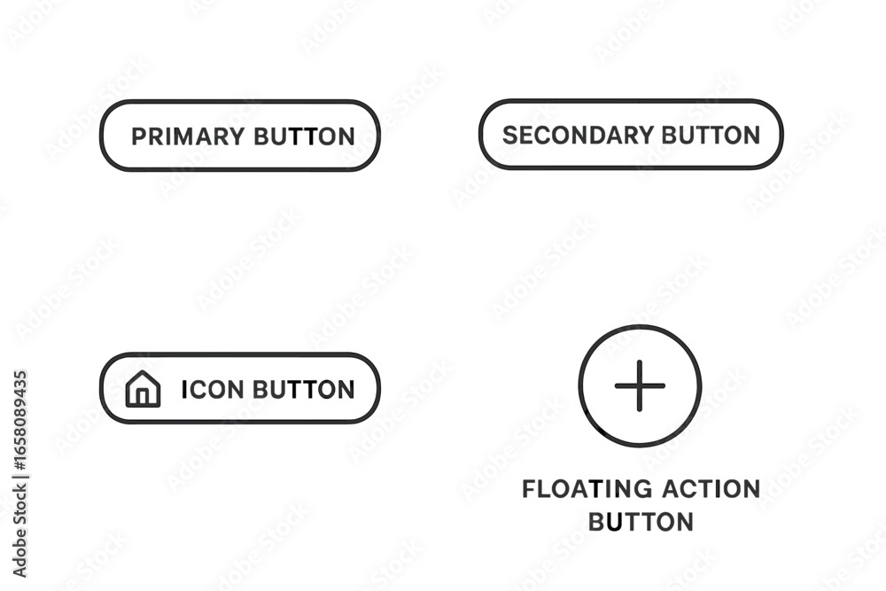 Poster modern ui button icon set outline. primary button, secondary button, icon button, floating action bu