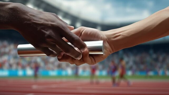 Close-up of students passing relay baton on stadium track, dynamic photorealistic detail symbolizing teamwork, speed, competition and youth athletics
