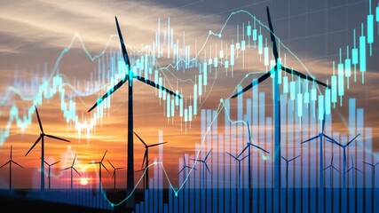 Renewable energy concept with wind turbines and financial chart overlay symbolizing clean power and economic growth - Powered by Adobe