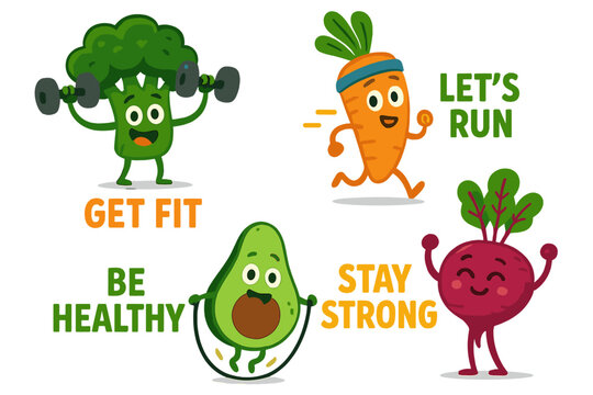 Playful vegetable characters promoting fitness and healthy living. Healthy lifestyle cartoon food mascots. Broccoli with dumbbells, running carrot, avocado with jump rope, strong beet. - Powered by Adobe