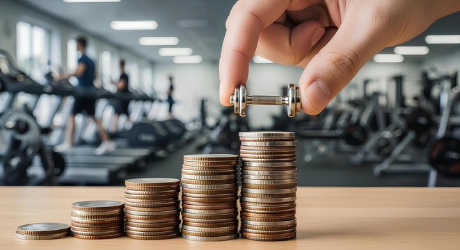 Investment in Health A hand places a dumbbell on a stack of coins, symbolizing the financial cost and benefits of fitness against a gym backdrop.