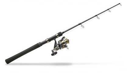 Modern Spinning Fishing Rod with Reel Isolated on White Background with Subtle Shadow
