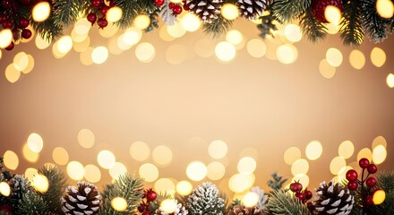 Festive Christmas border of pine, berries, and lights on a warm background.