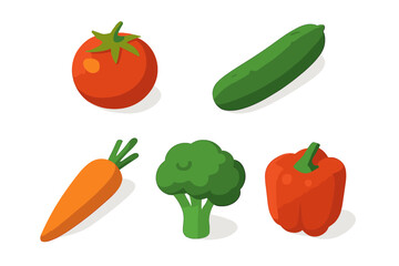 Isometric flat vegetable icon set featuring fresh assorted vegetables including tomato, cucumber, carrot, broccoli, and bell pepper in vector illustration on transparent background