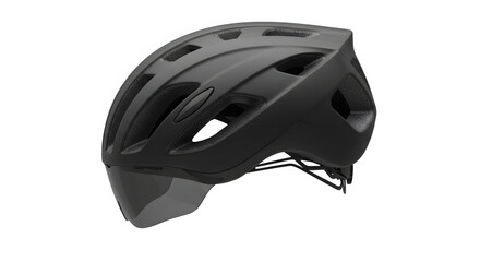 Fototapeta premium Sleek Matte Black Bicycle Helmet with Integrated Transparent Visor on White Background, Modern Cycling Head Protection for Road and Urban Riders.