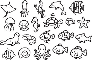 Obraz premium Hand Drawn Marine Life Collection sea creatures ocean animals