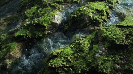 Lush green moss blankets ancient rocks beside a flowing mountain stream creating a serene natural wonderland