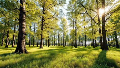 Fototapeta premium Sunlight filters through the trees in a tranquil forest glade, casting shadows on the vibrant green grass below
