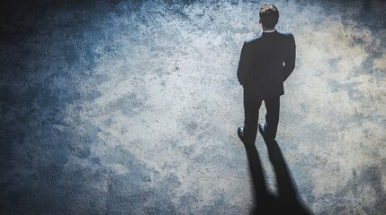 Obraz premium A man in a suit standing against a textured, gray wall with a shadow cast on the ground.