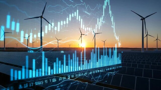 Renewable energy concept with wind turbines and blue financial graph overlay symbolizing sustainable power and economic development - Powered by Adobe