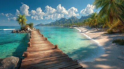 Fototapeta premium Tropical Paradise Beach with Wooden Pier and Pristine Waters: A Serene Summer Retreat