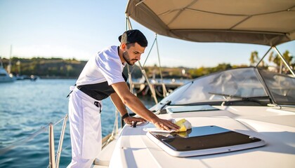Man cleaning yacht deck