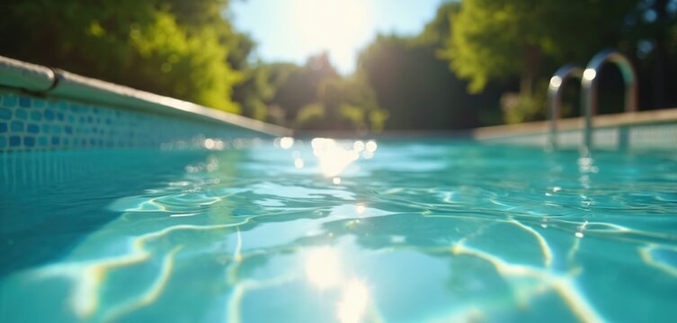 Close-up of sparkling swimming pool filled with clear blue water on sunny day. Sunlight reflects off water surface, creating beautiful patterns. Green trees, blue sky form blurred background,