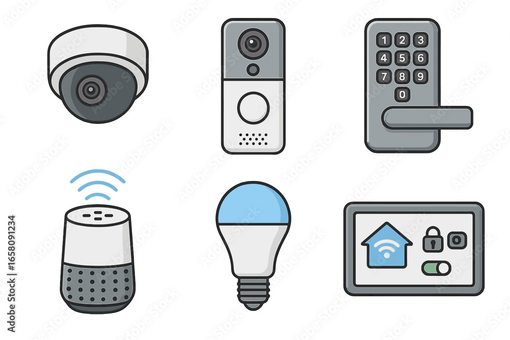 Poster smart home device icon set for automation and security. vector collection of iot gadgets like camera