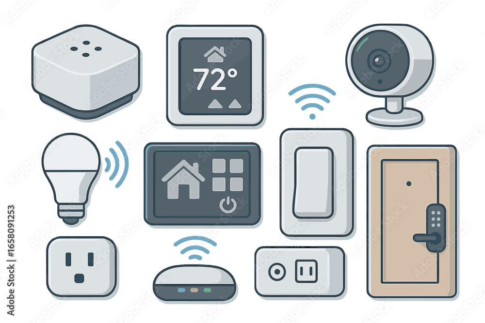 Poster smart home devices icon set for home automation systems. vector illustration collection of internet 