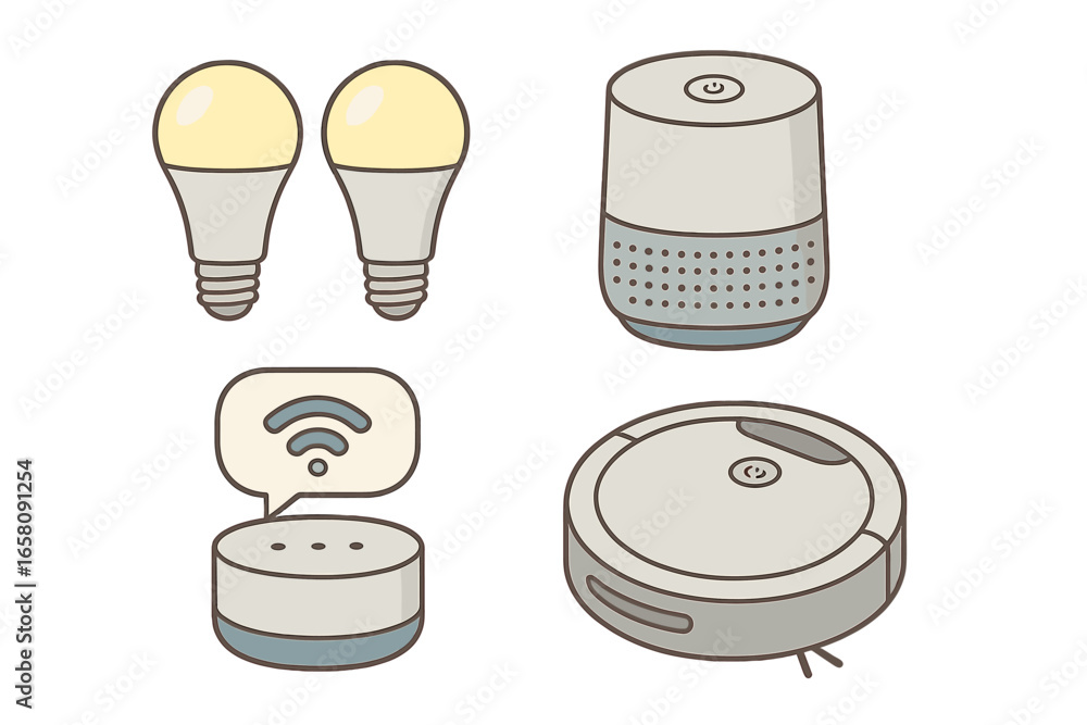 Aufkleber smart home technology vector icon set. collection of cartoon illustrations with smart speaker, robot