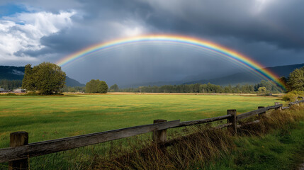 Fototapeta premium A rainbow arcs over a wet pasture in soft light