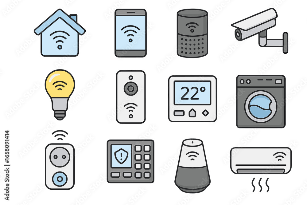 Poster smart home technology icon set. home automation system vector collection. internet of things concept