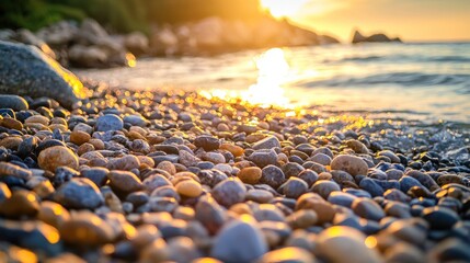 Obraz premium A rocky beach at sunset with pebbles, sand, and water, with a warm, golden glow from the sun, creating a serene and peaceful atmosphere.