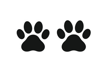 Obraz premium Two black paw prints vector icon. Animal tracks silhouette. Dog or cat footprint symbol for pet care concept. Canine and feline steps sign. Puppy or kitten trail illustration.