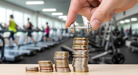 Hand placing dumbbell on a stack of coins in a gym, symbolizing investment in fitness.