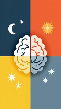 Shot shows brain model with clock on. Night, day symbols on dual-toned background circadian rhythms. Concept shot for sleep cycle, biological clock, health.