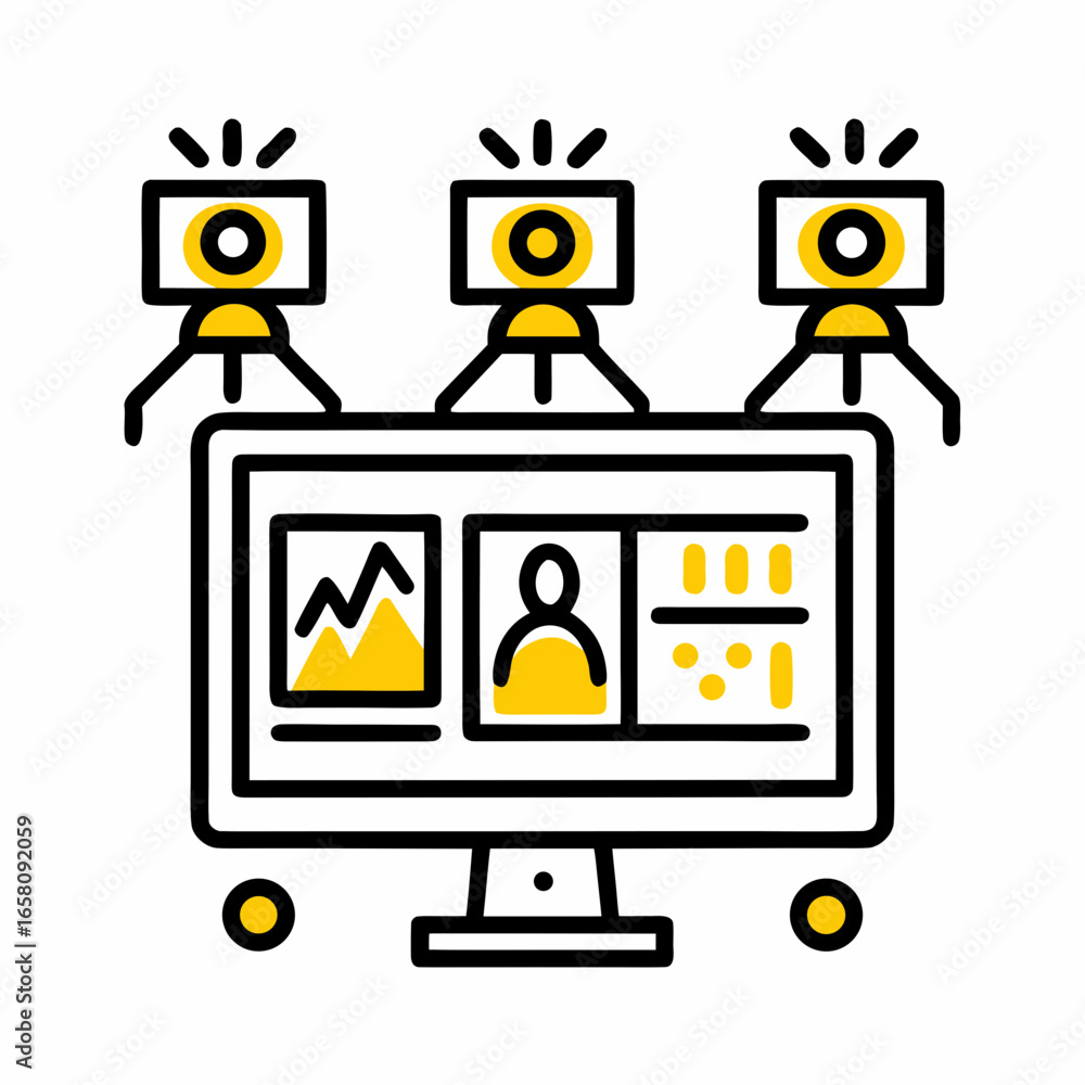 Aufkleber digital workspace with computer and video cameras in modern style