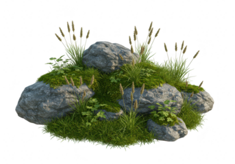 A cluster of mosscovered rocks with green grass and reeds growing on them, isolated on transparent background