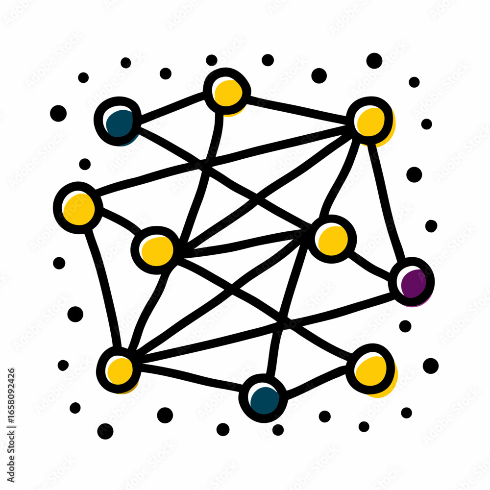 Poster abstract network diagram with colorful nodes and lines