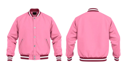 Pink baseball bomber varsity jacket in front and back view, mockup isolated on transparent background