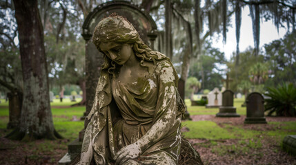 Obraz premium Weathered statue of a young woman, draped in a clothe, marking a grave in old southern US cemetery; with live oak trees covered in Spanish moss in the background.