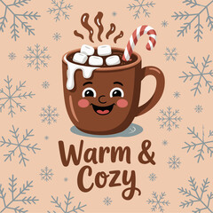 Warm and cozy hot cocoa mug with marshmallows and candy cane, winter hygge typography poster card tshirt design, vector printable