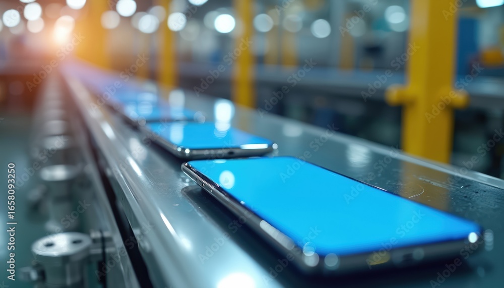 Aufkleber smartphones moving on conveyor belt in modern factory. scene captures high-tech manufacturing proces