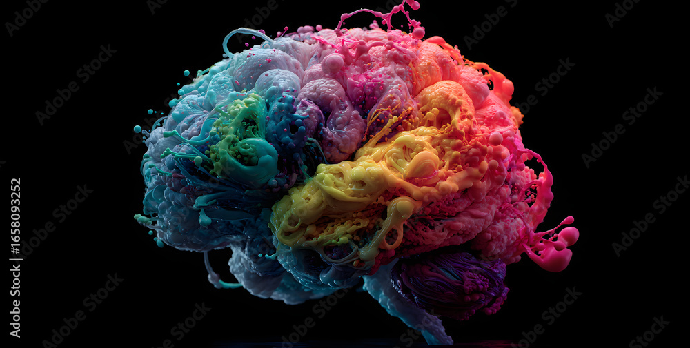 Poster concept of a human brain full with creativity, shows multiple colors and action - generative ai imag