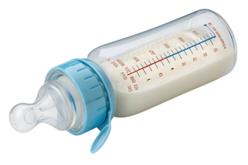 Baby bottle lying horizontally filled with milk and measurement markings visible, isolated on a transparent background