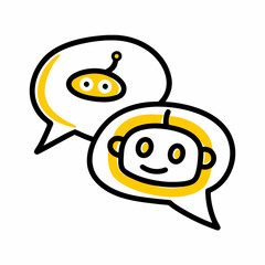 Obraz premium Friendly robot and human characters communicating in speech bubbles 