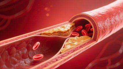 A human artery with red blood cells flowing past a golden cholesterol cell , showing vessel narrowing and high cholesterol, hyperlipidemia, hypercholesterolemia