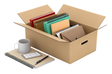 Office moving box with notebooks, calculator, pen, coffee mug, business supplies packed for relocation, isolated on a transparent background