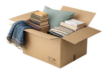 Moving box with books, throw blanket, striped pillow, home comfort items packed for relocation, isolated on a transparent background
