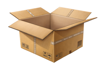 Empty corrugated cardboard shipping box with open flaps showing interior space and delivery symbols, isolated on a transparent background