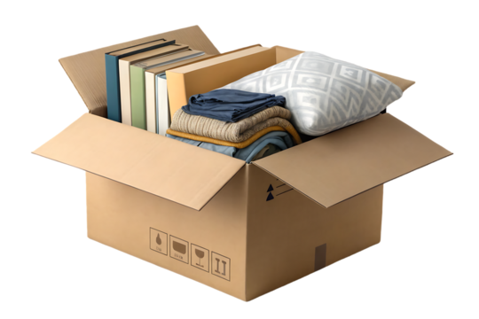 Open cardboard box containing books, clothing, pillow and household items ready for moving, isolated on a transparent background