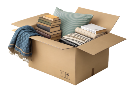 Moving box with books, throw blanket, striped pillow, home comfort items packed for relocation, isolated on a transparent background