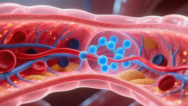 The lung alveolus showing oxygen exchange with red and blue blood cells, glowing oxygen molecules, high cholesterol, hyperlipidemia, hypercholesterolemia