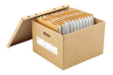 Cardboard archive box with lid open showing organized manila folders and documents, isolated on a transparent background